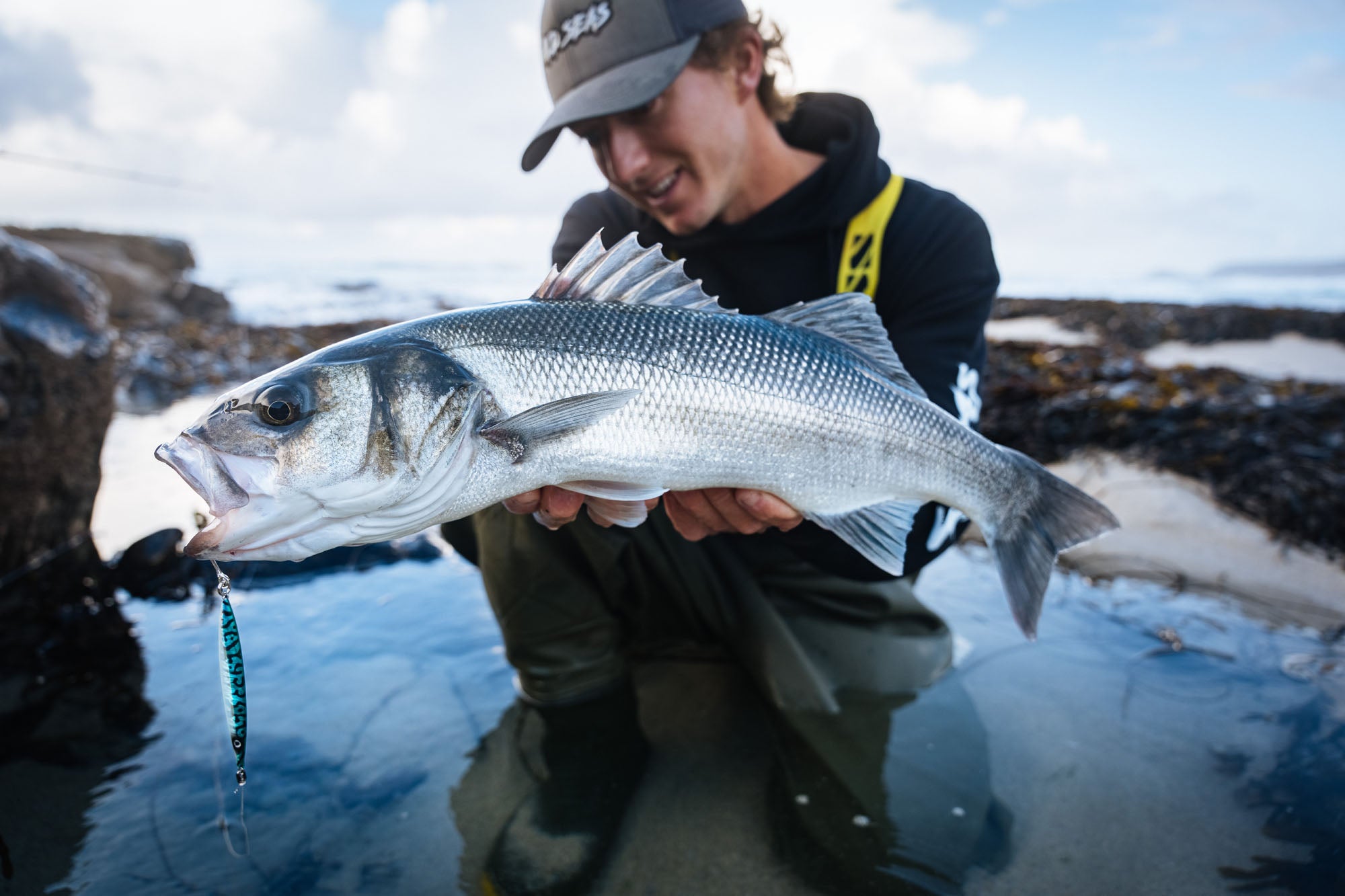 A Bass caught using the Fish Nugz Slayer Cast Jig from a beach