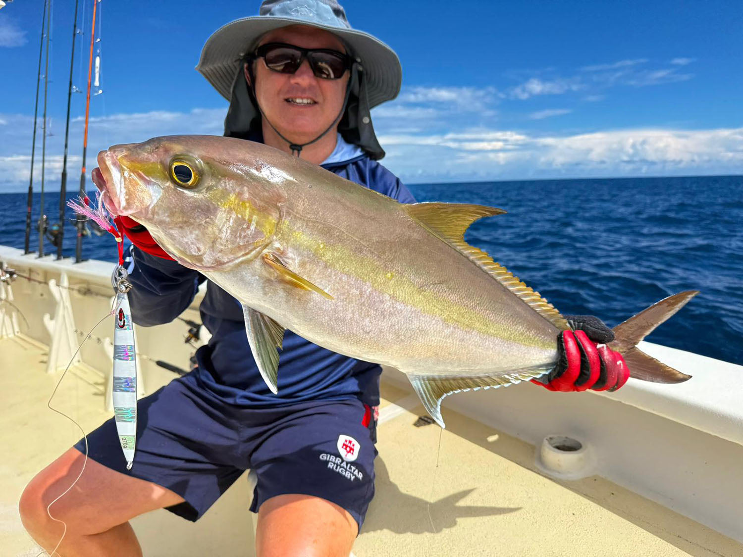 Amberjack caught deep jigging in Madagascar using the Fish Nugz Abyss jig.