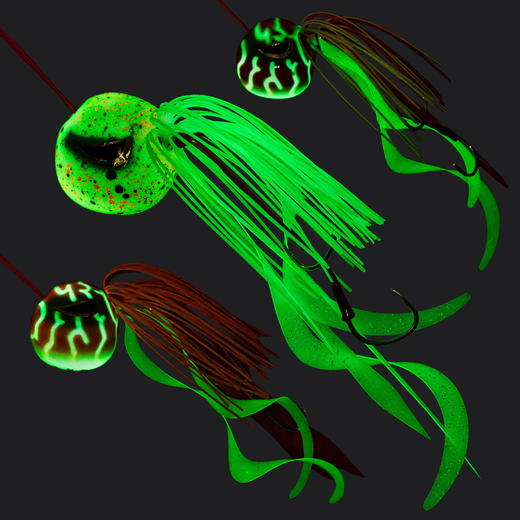 Fish Nugz Kraken Kabura Jigs glowing in the dark