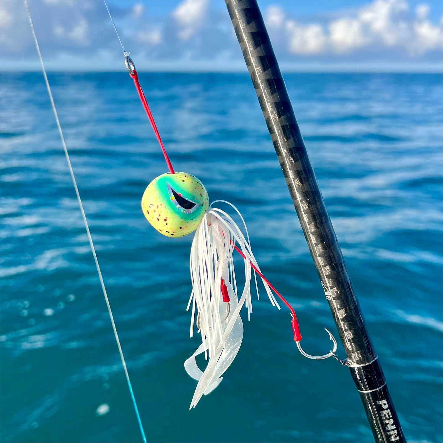 Fish Nugz Kraken Kabura Jig tied onto fishing line