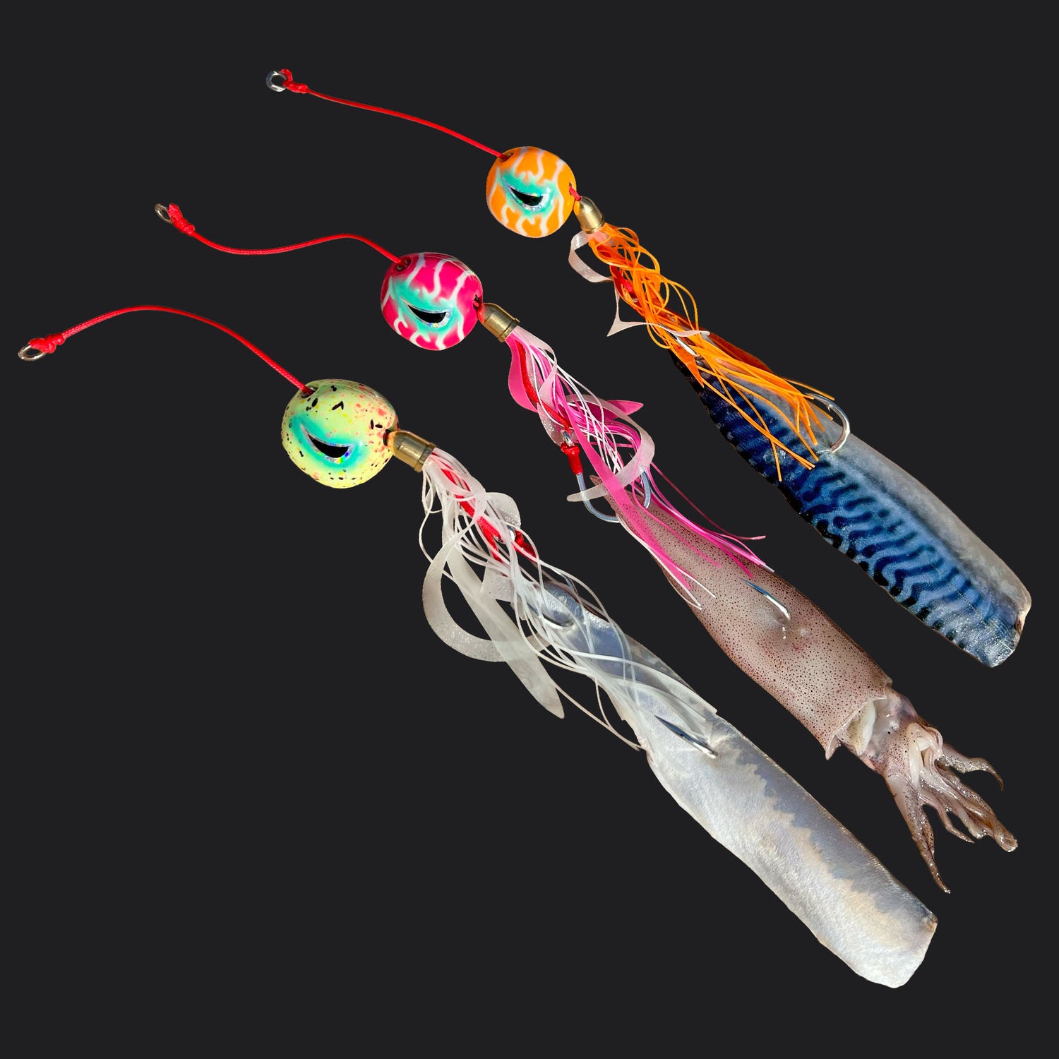 Fish Nugz Kraken Kabura Jig rigged with HD Skirt and baited with fish and squid