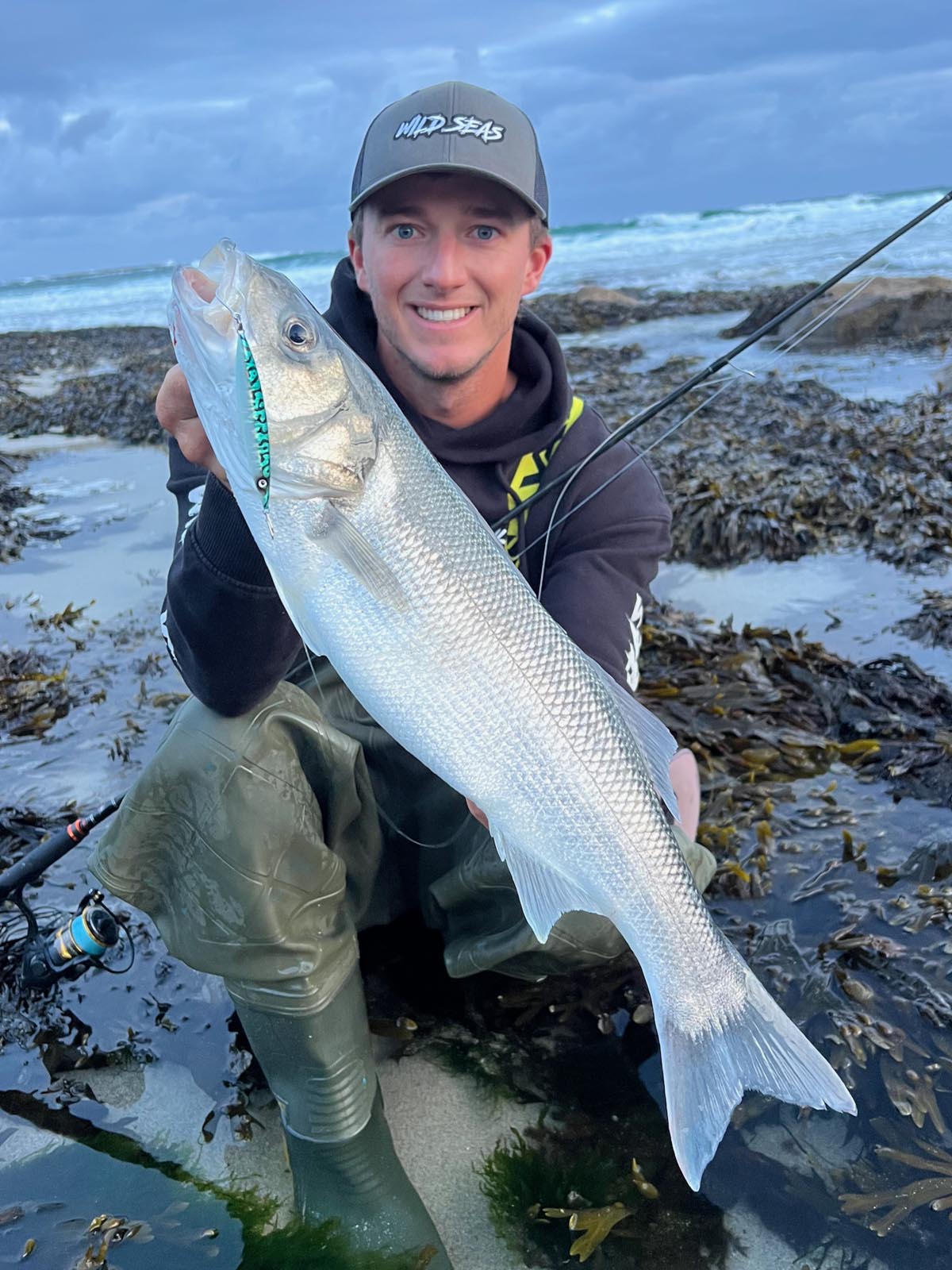 A Bass caught using the Fish Nugz Slayer Cast Jig when fishing from a beach
