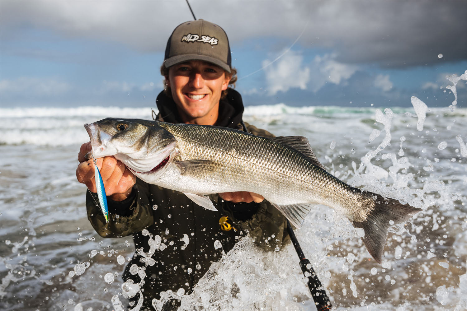 Catching a Bass from the surf using a Fish Nugz Slayer Cast Jig