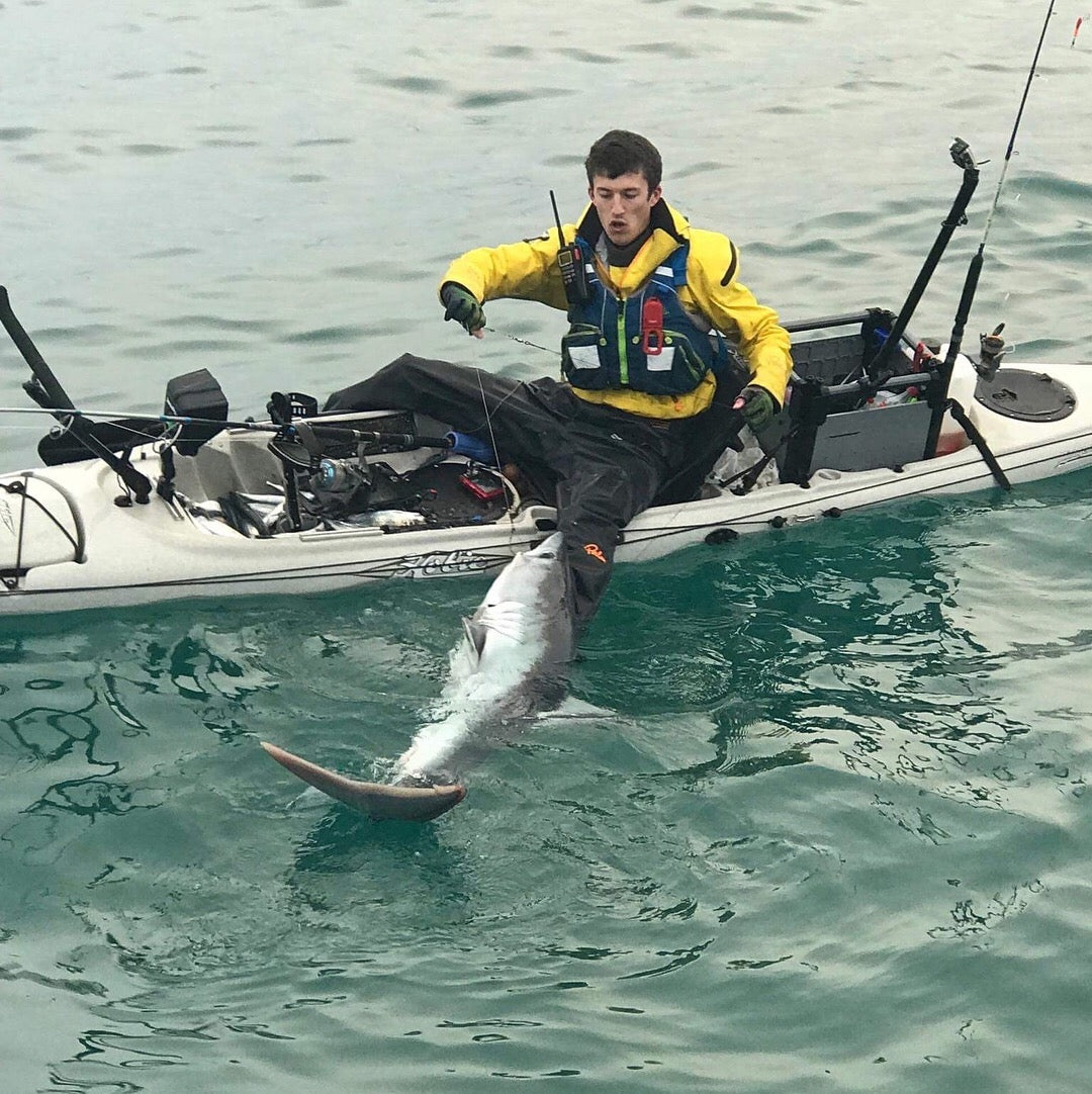 Liam catching a Porbeagle Shark on a kayak