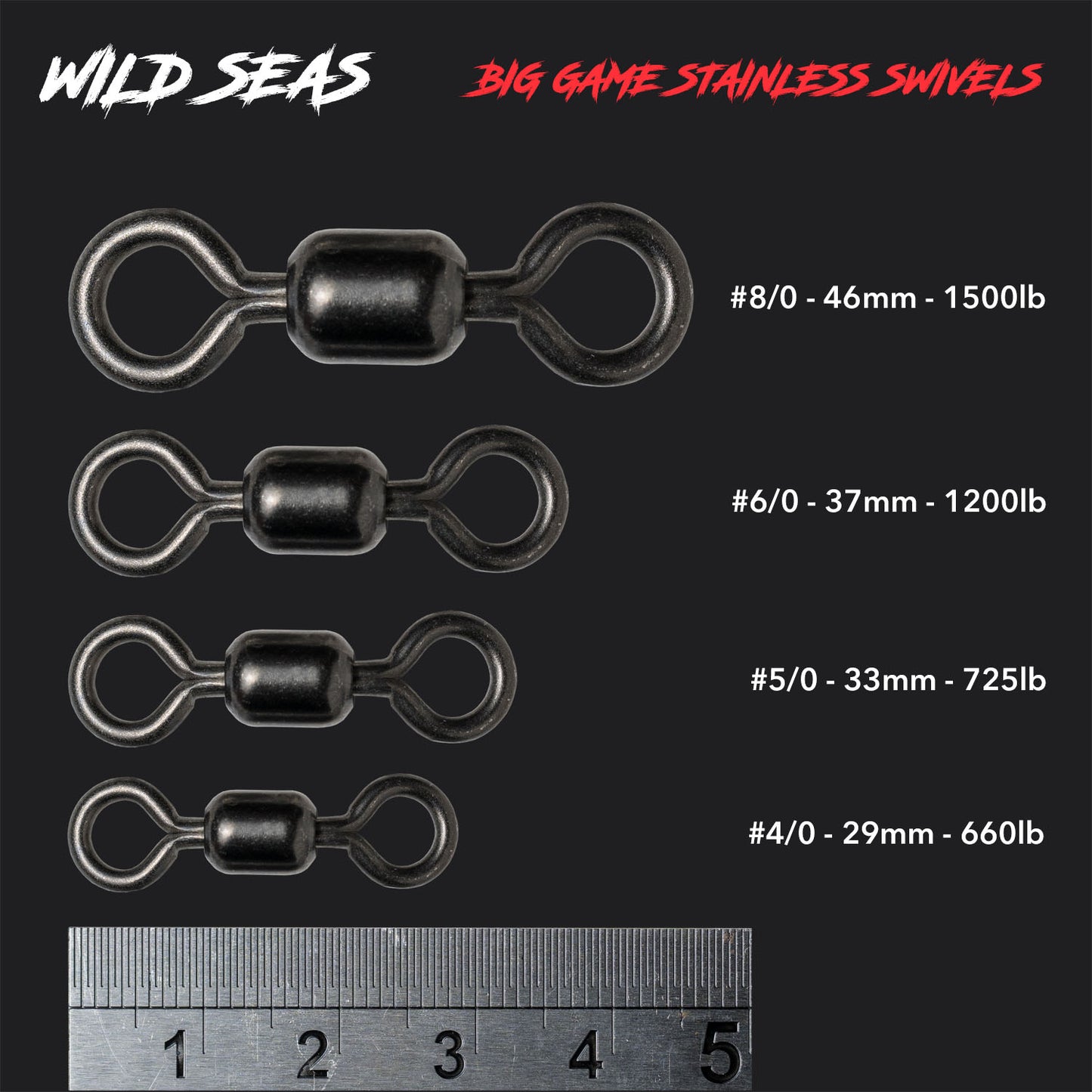Wild Seas Big Game Power Swivels - Size Guide with Length and Strength measurements