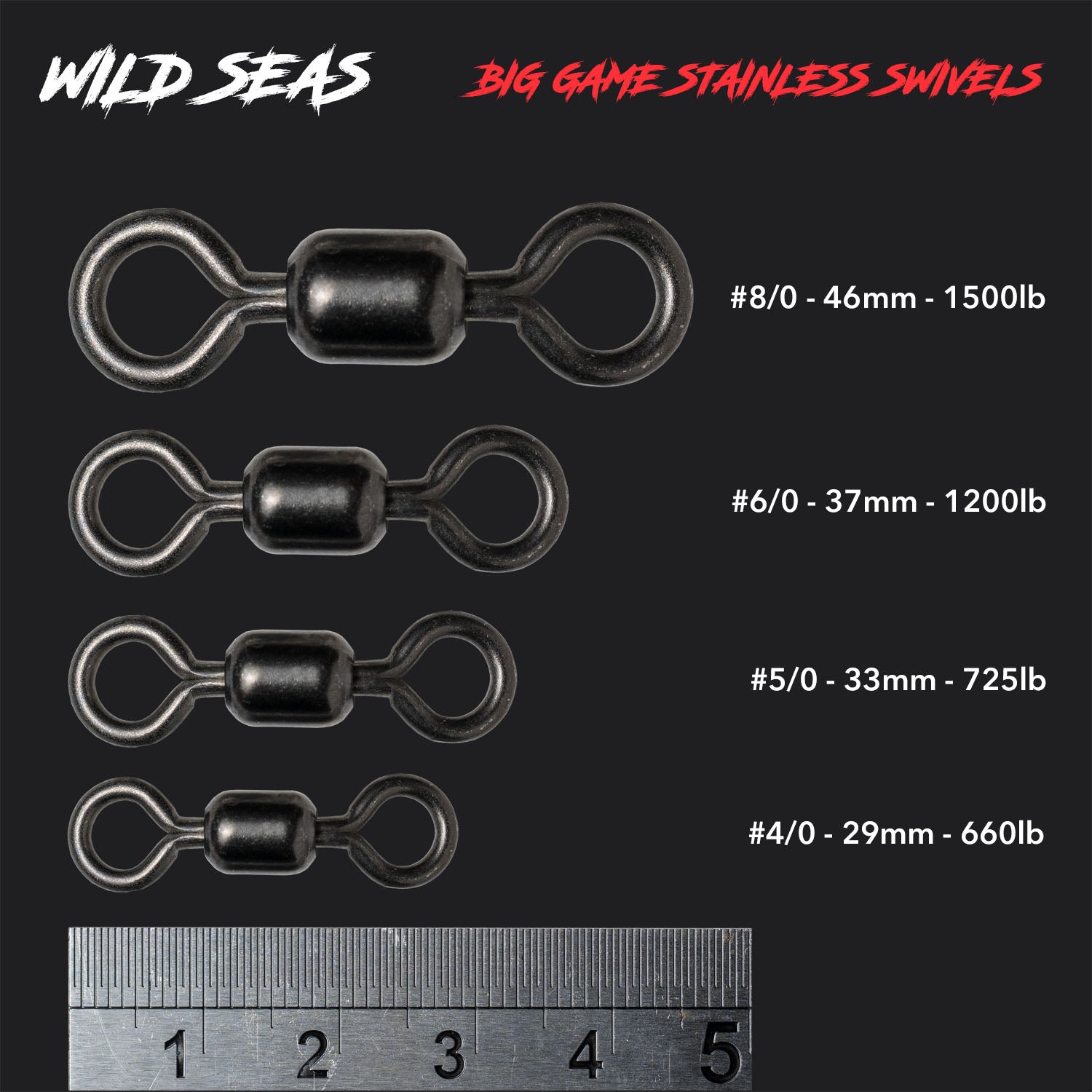 Wild Seas Big Game Power Swivels - Size Guide with Length and Strength measurements