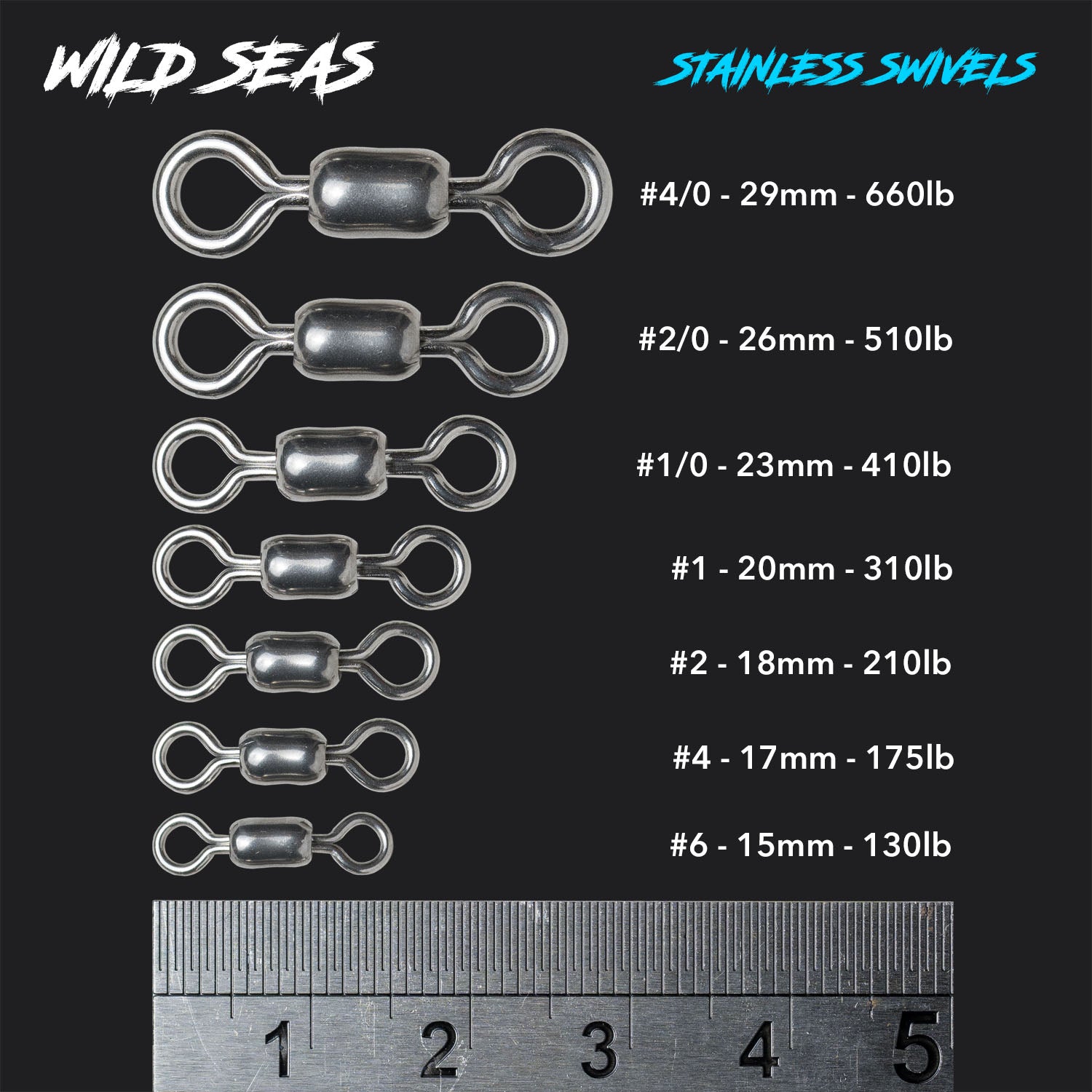 Wild Seas Stainless Fishing Swivel Size Guide with Length and Strength Measurements