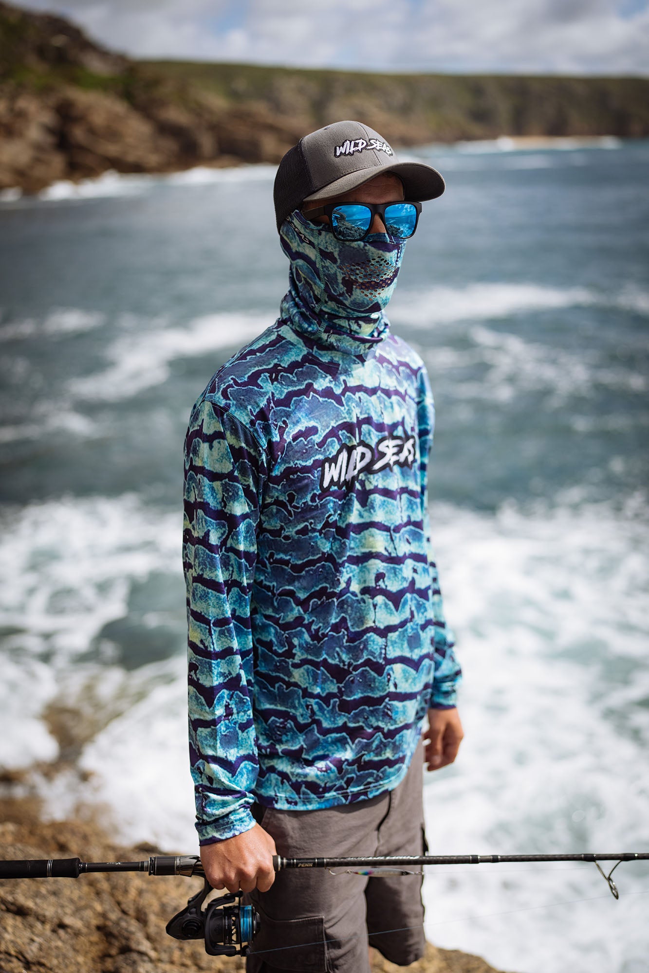 Fishing in the Wild Seas UV Face Buff in Bluefin Camo