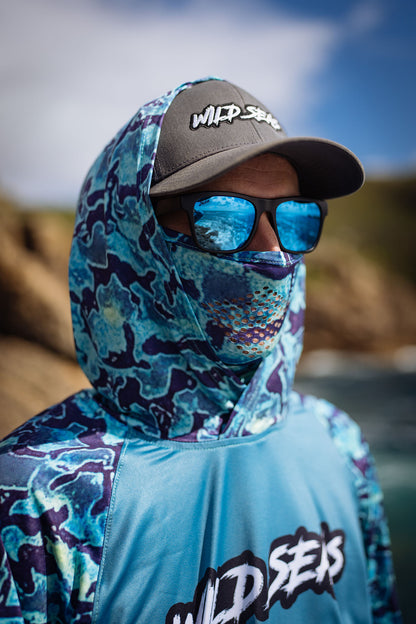 Wild Seas UV Face Buff worn with the Performance UV Hoodie