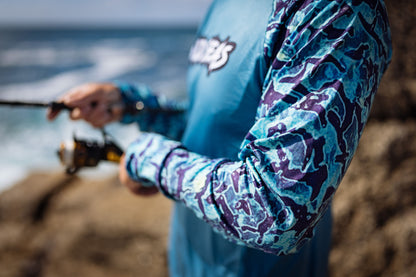 Bluefin Camo design arms on the Wild Seas Performance UV Hoodie