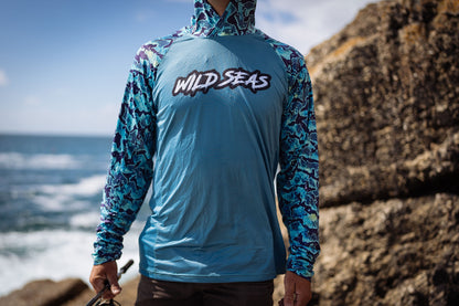 Front of the Wild Seas Performance UV Hoodie in Bluefin Camo