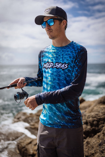 Fishing in the Wild Seas Performance UV Long Sleeve Fishing Shirt in Blue Scale colour
