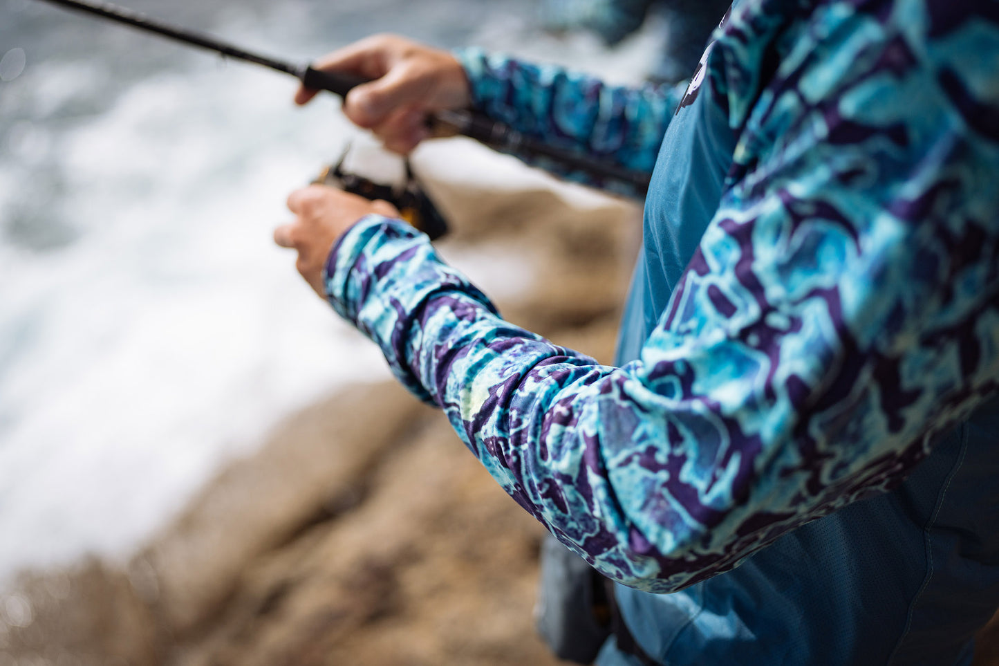 Detail of the Bluefin Camo pattern on the Wild Seas Longsleeve UV Shirt