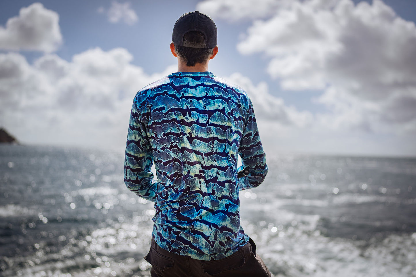Back view of the Wild Seas Performance UV Long Sleeve Fishing Shirt in Bluefin Camo