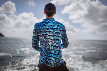 Back view of the Wild Seas Performance UV Long Sleeve Fishing Shirt in Bluefin Camo