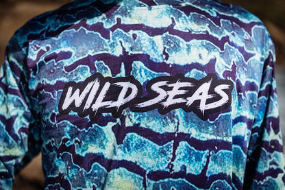 Wild Seas logo on the front of the Performance UV Long Sleeve Shirt in Bluefin Camo