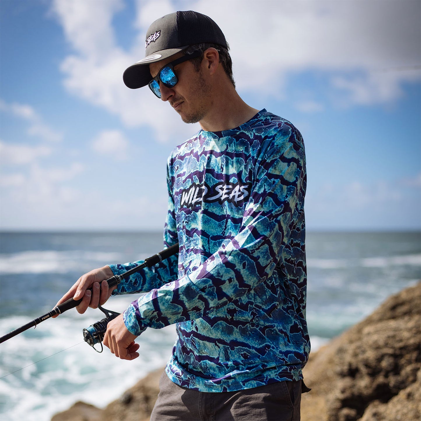 Wild Seas Performance UV Long Sleeve Fishing Shirt in Bluefin Camo