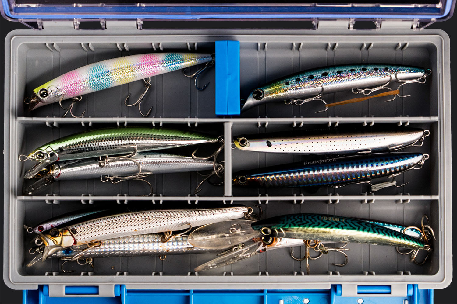 Hard plastic Bass fishing lures stored in the Wild Seas Waterproof Tackle Box