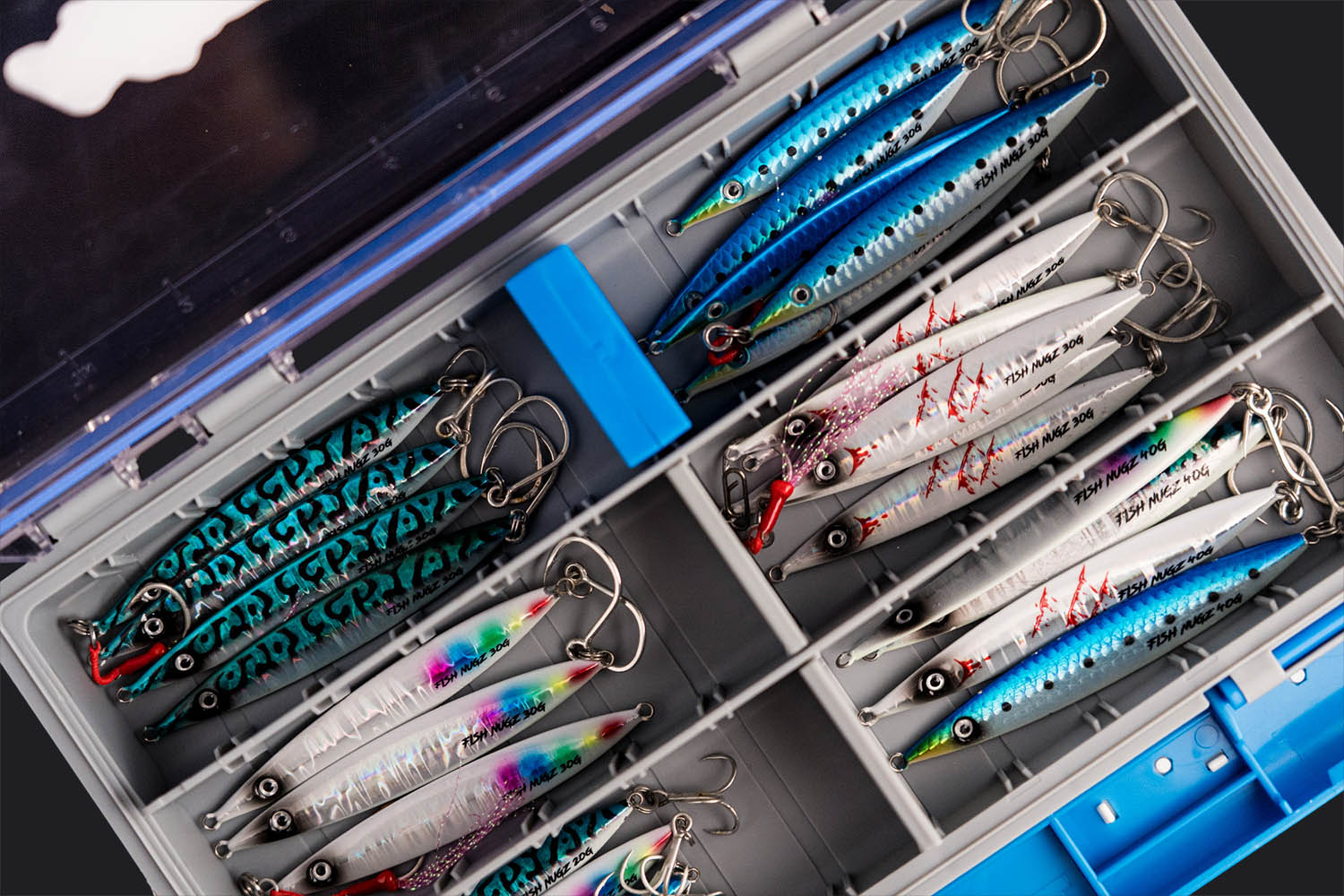 Casting jigs for fishing stored in the Wild Seas Waterproof Tackle Box