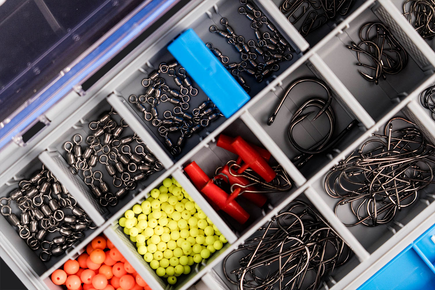 Fishing hooks, Swivels and Accessories stored in the Wild Seas Waterproof Tackle Box
