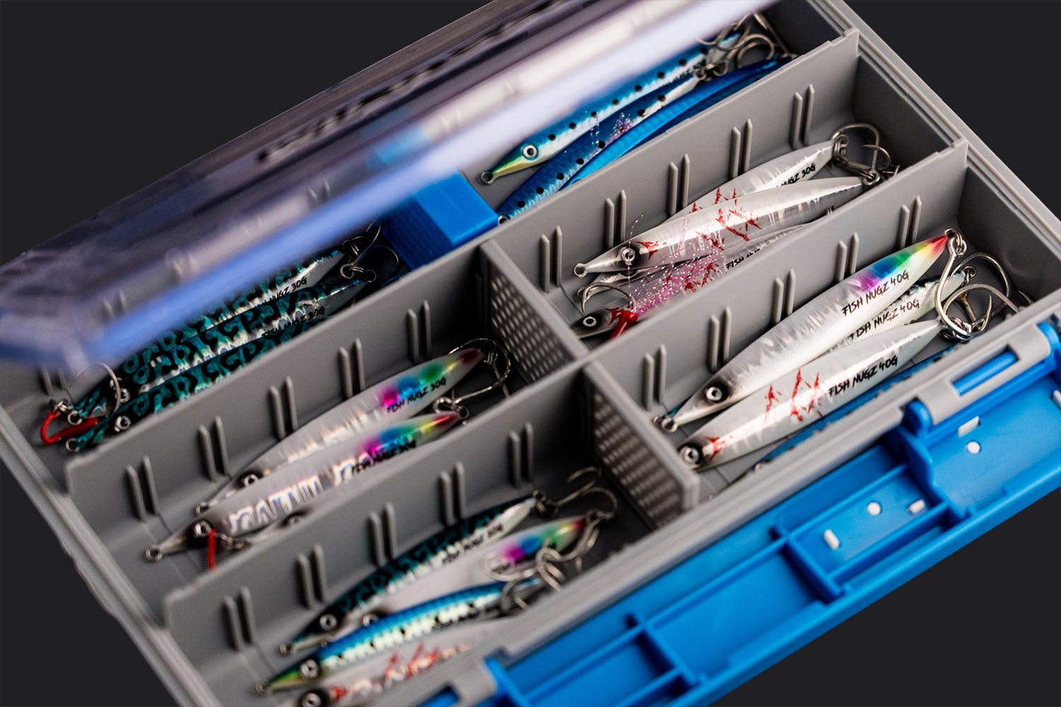 Fishing jigs in a Wild Seas Tackle Box