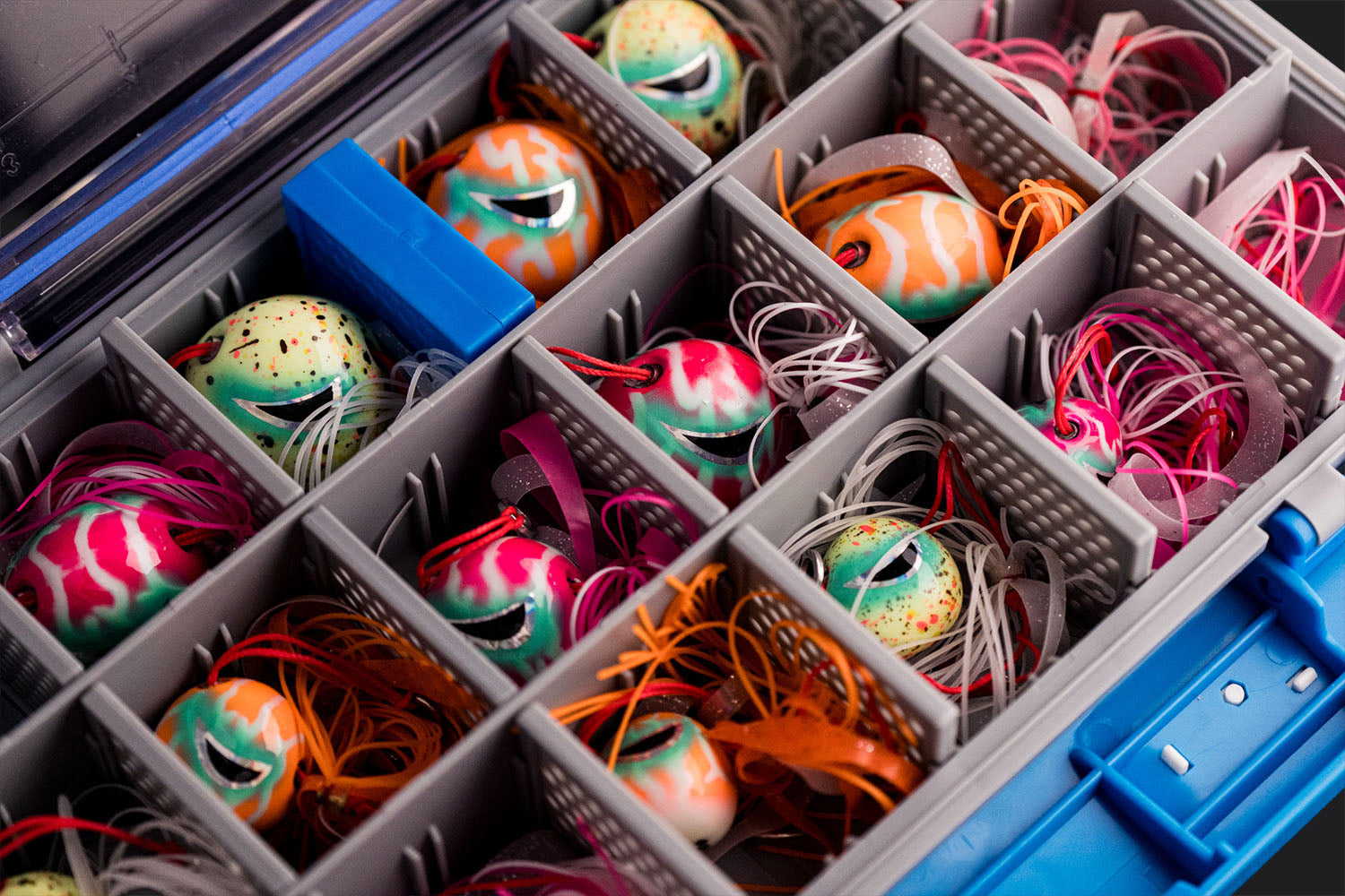 Kabura Jig fishing lures stored in the Wild Seas Waterproof Tackle Box