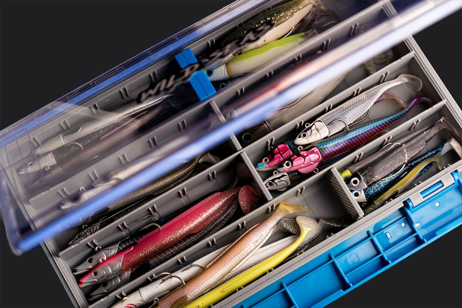 Fishing lures in a Wild Seas Waterproof Tackle Box