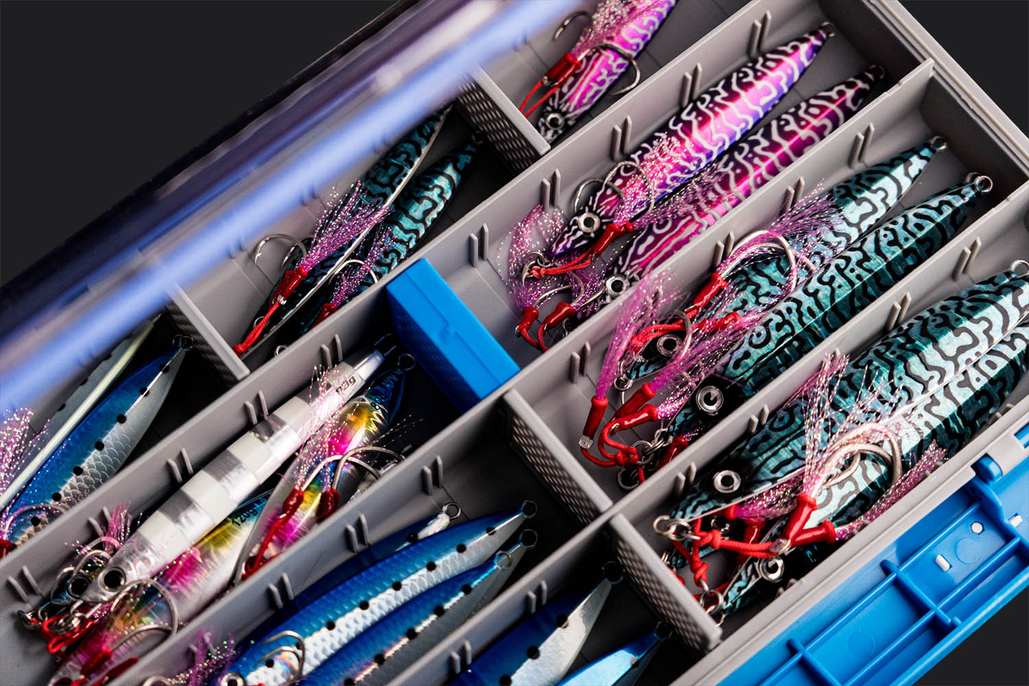 Slow Jigs stored in the Wild Seas Waterproof Tackle Box